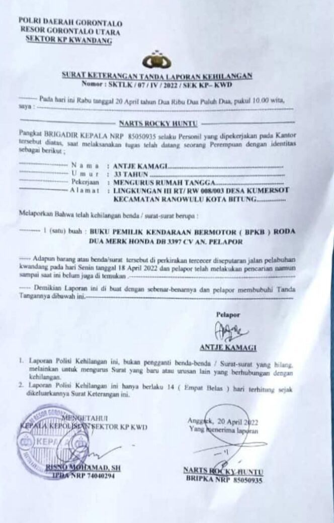 
 Berita Kehilangan BPKB