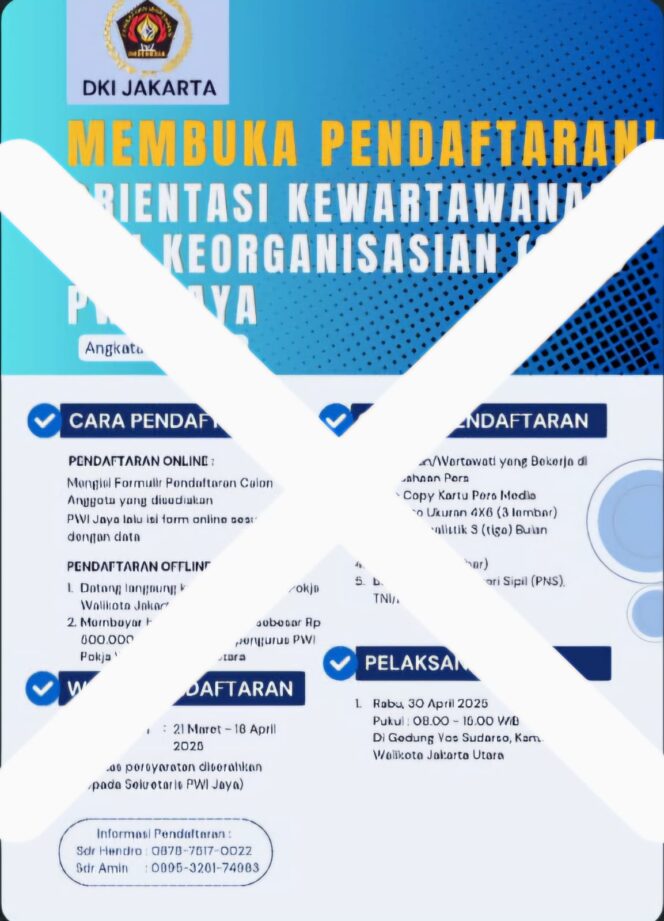
 PWI Jaya Peringatkan Dugaan Penipuan Pendaftaran OKK 2025 di Jakarta Utara, Waspada Rekening Pribadi!