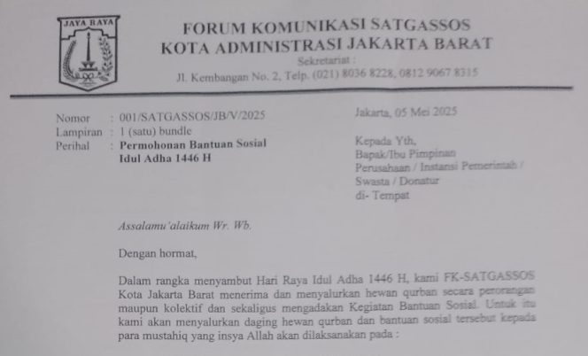 
 Sudin Sosial Jakarta Barat Bongkar Surat Permintaan Kurban Palsu, Waspadai Penipuan Berkedok Amal