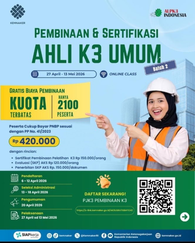 
 Siap-siap! Kemnaker Buka Lagi Pembinaan K3 Gratis untuk 2.100 Peserta